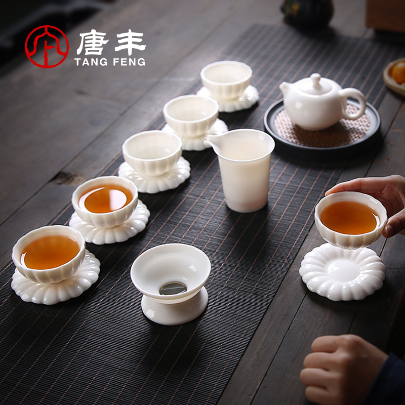 Tang Feng ceramic tea set suit white porcelain kung fu tea ware suet lorraine type cup teapot it a complete set of 190015