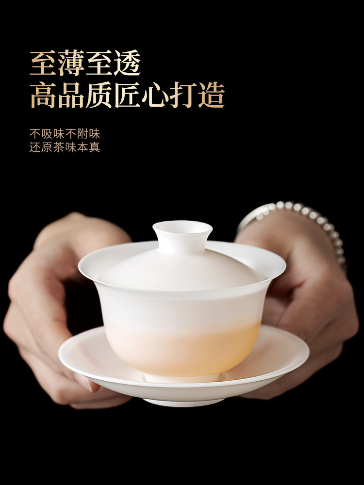 Ultra-Thin, Ultra-Light Ice-Type White Porcelain Tea Cup with Lid, Single High-End Non-Hot Handle Three-Piece Set