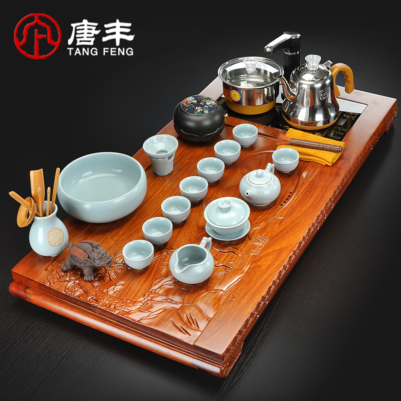 Tang Feng annatto spend pear wood, ceramic kung fu tea sets tea tray was four one tea table of a complete set of electric heating furnace