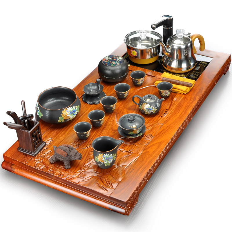 Tang Feng annatto spend pear wood, ceramic kung fu tea sets tea tray was four one tea table of a complete set of electric heating furnace