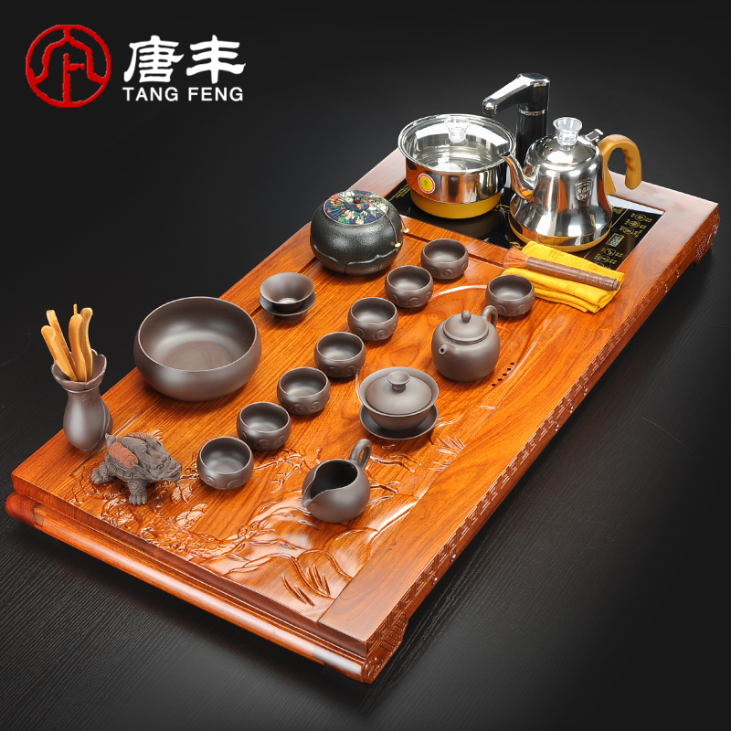 Tang Feng annatto spend pear wood, ceramic kung fu tea sets tea tray was four one tea table of a complete set of electric heating furnace