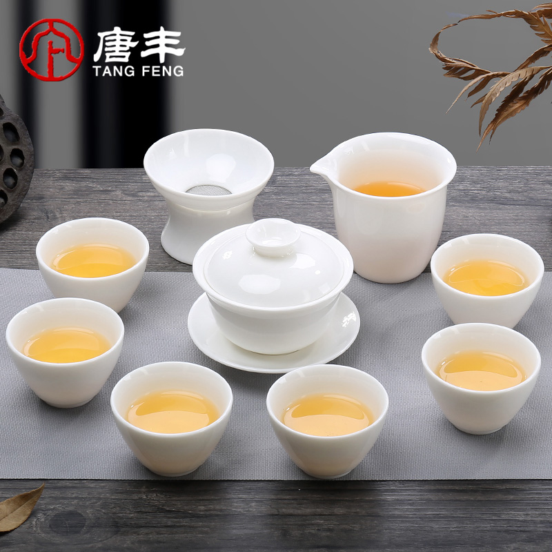 Tang Feng manual white porcelain ceramic tea tureen jade porcelain of a complete set of kung fu tea set suit household contracted the teapot teacup