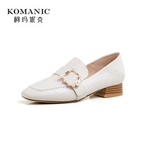 Comanik spring 2021 new wild series cowhide pearl buckle square head deep mouth single shoe women