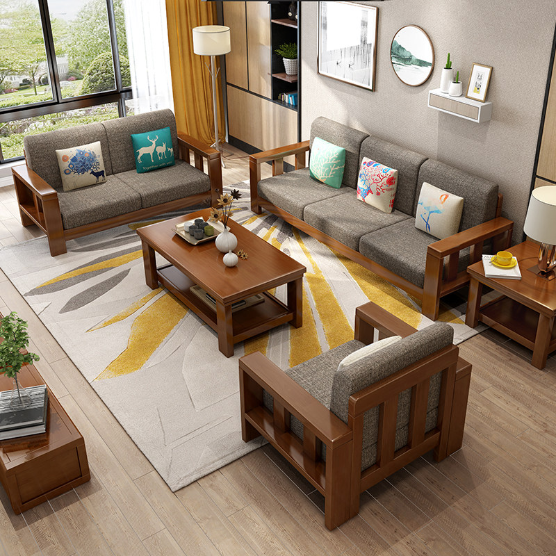 Modern Chinese style all solid wood sofa combination 1 2 3 simple living room furniture special price cloth art three seat wooden sofa