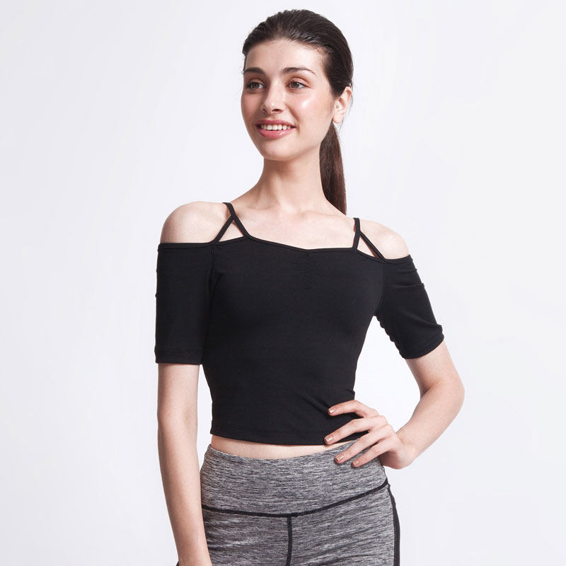 SMATCH Summer Yoga clothes Shoulder Blouse Jacket with small Sexy Short Thin Black Fitness Suit Pants Suit