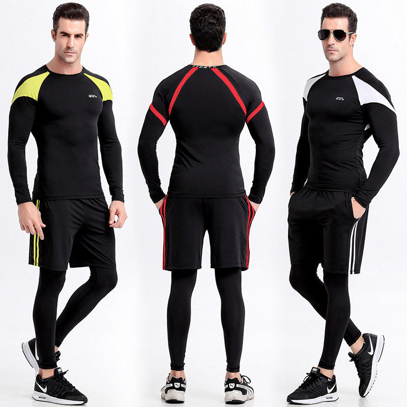 Sigitu fitness suit three pieces men's spring and autumn long sleeve training fast dry tight exercise room running clothes fast dry clothes
