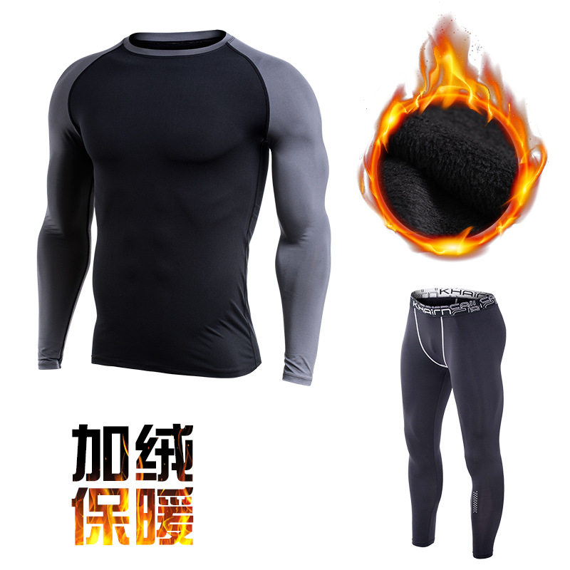 Plus fat plus large size sports suit plus cashmere men's elastic tight gym clothing Long sleeve autumn and winter warm training running clothing