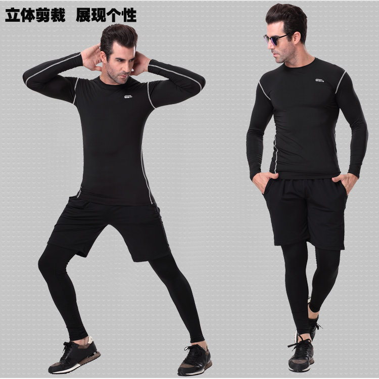 Sigetu gym quick-drying breathable spring and autumn long-sleeved men's fitness clothes sports running black three-piece suit clearance