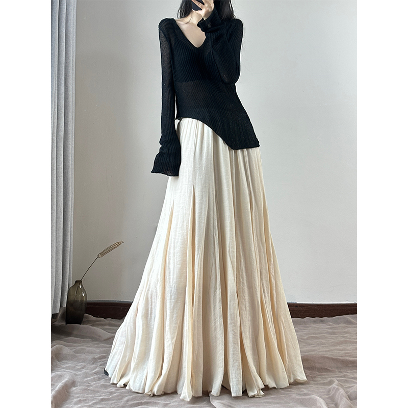 Cool and Gentle Apricot-Colored Flared Skirt, High-Waisted Slimming Zen-Style Ankle-Length Skirt, Solid Color Versatile Fishtail Skirt
