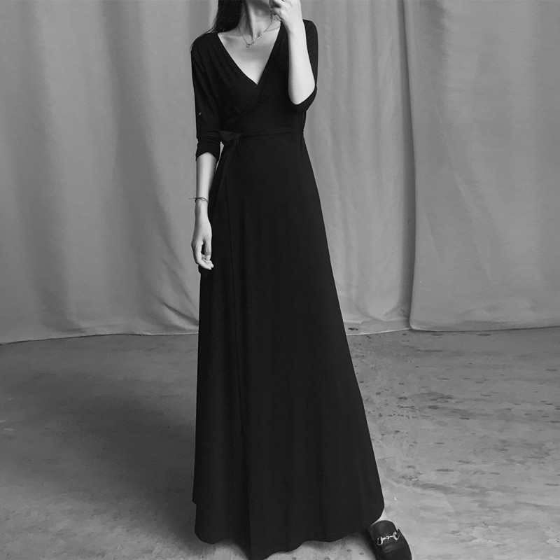 V-Neck Floor-Length Dress for Women, Ankle-Length Modal Extra-Long Black Dress, One-Piece Wrap Dress, Wrap Cardigan