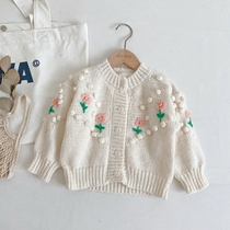 2021 autumn and winter Korean childrens clothing sweater girl handmade flower ball ball sweater double thick cardigan coat