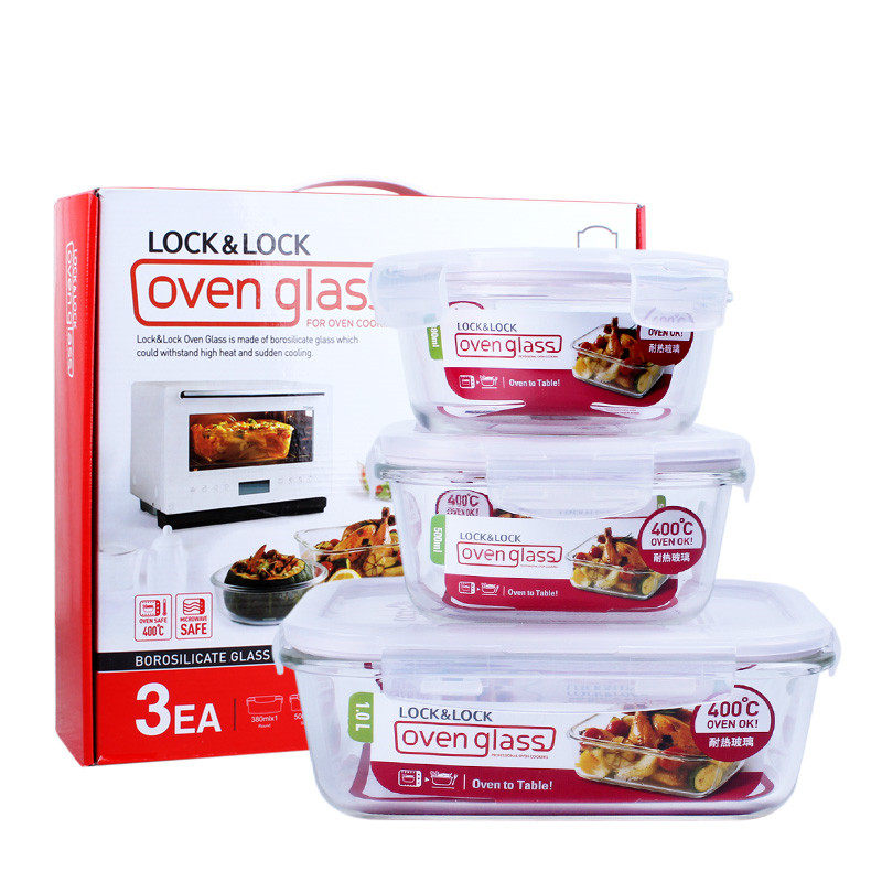 Lock lock glass preservation box Microwave oven lunch box Heat-resistant glass lunch box 3-piece set LLG428S001