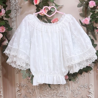 taobao agent Summer short shirt, top, Lolita style, with short sleeve, open shoulders