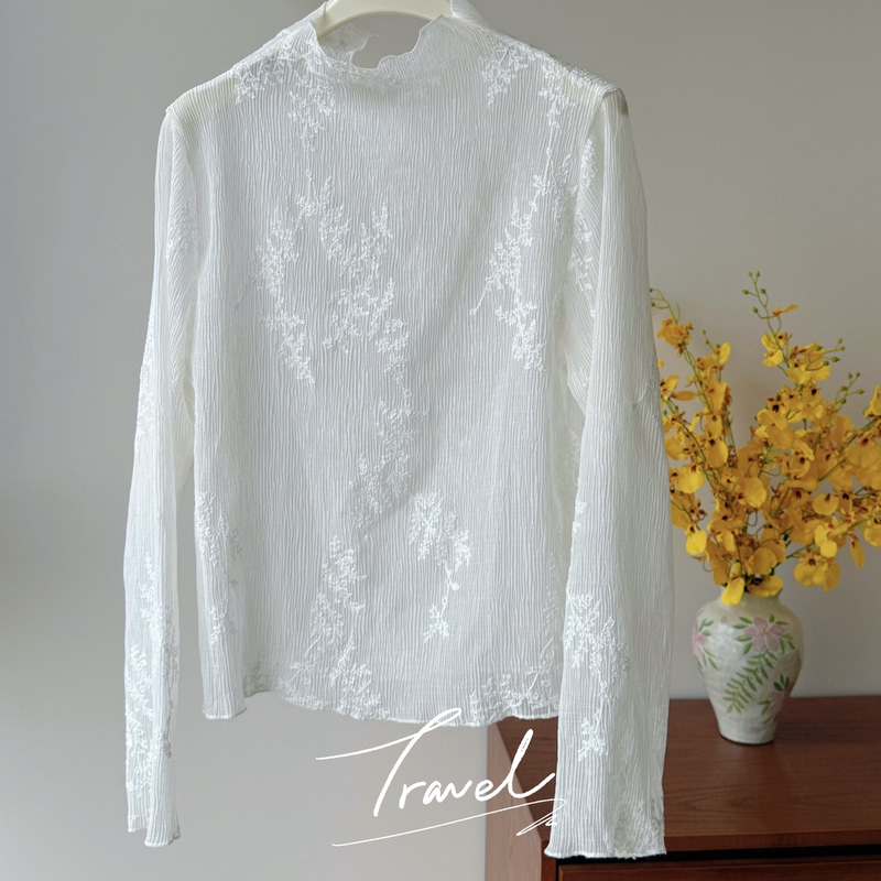 Special Clearance Sale~ Korean-Style Heavy Embroidery Lace Trim Shirt for Women, Loose Fit, Slimming, Versatile Long-Sleeve Top