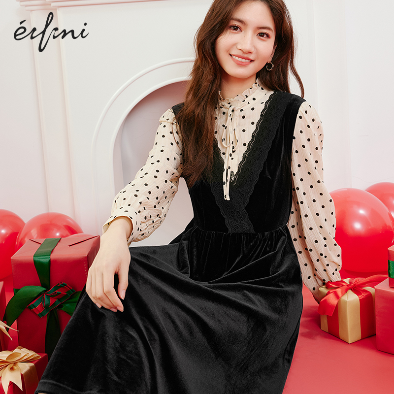 Iveli snow spinning splicing dress woman 2023 spring dress new lotus leaf collar French style retro velvet tea hysteria 