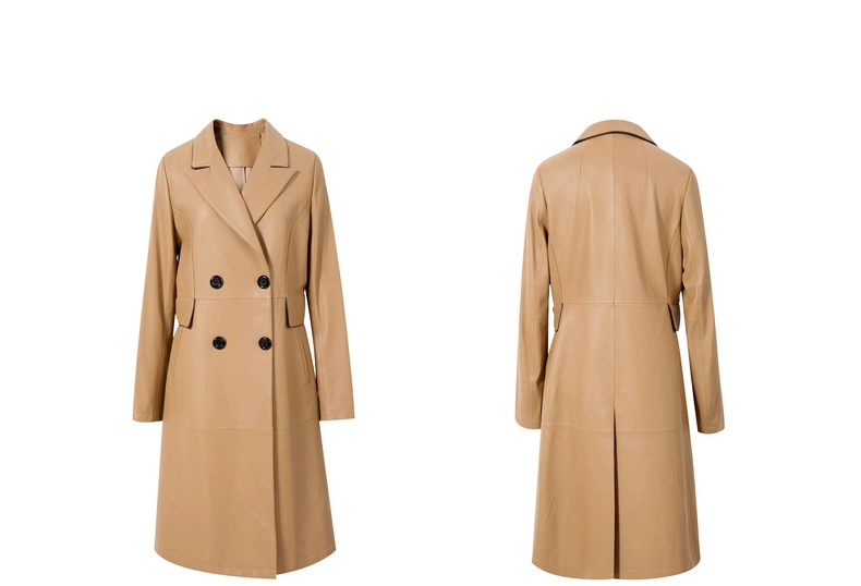 Áo khoác da nữ Eveli mùa đông mới bằng da cừu retro đôi ngực trench coat kiểu áo khoác da nữ - Quần áo da