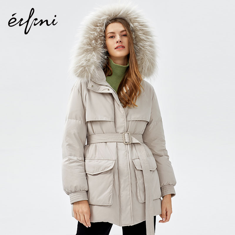 Eveli coat women's long version of the new winter coat raccoon hair big hair collar loose frock wind down jacket women