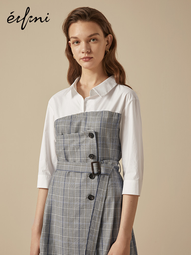 伊芙丽2018秋新款韩版假两件高腰休闲气质复