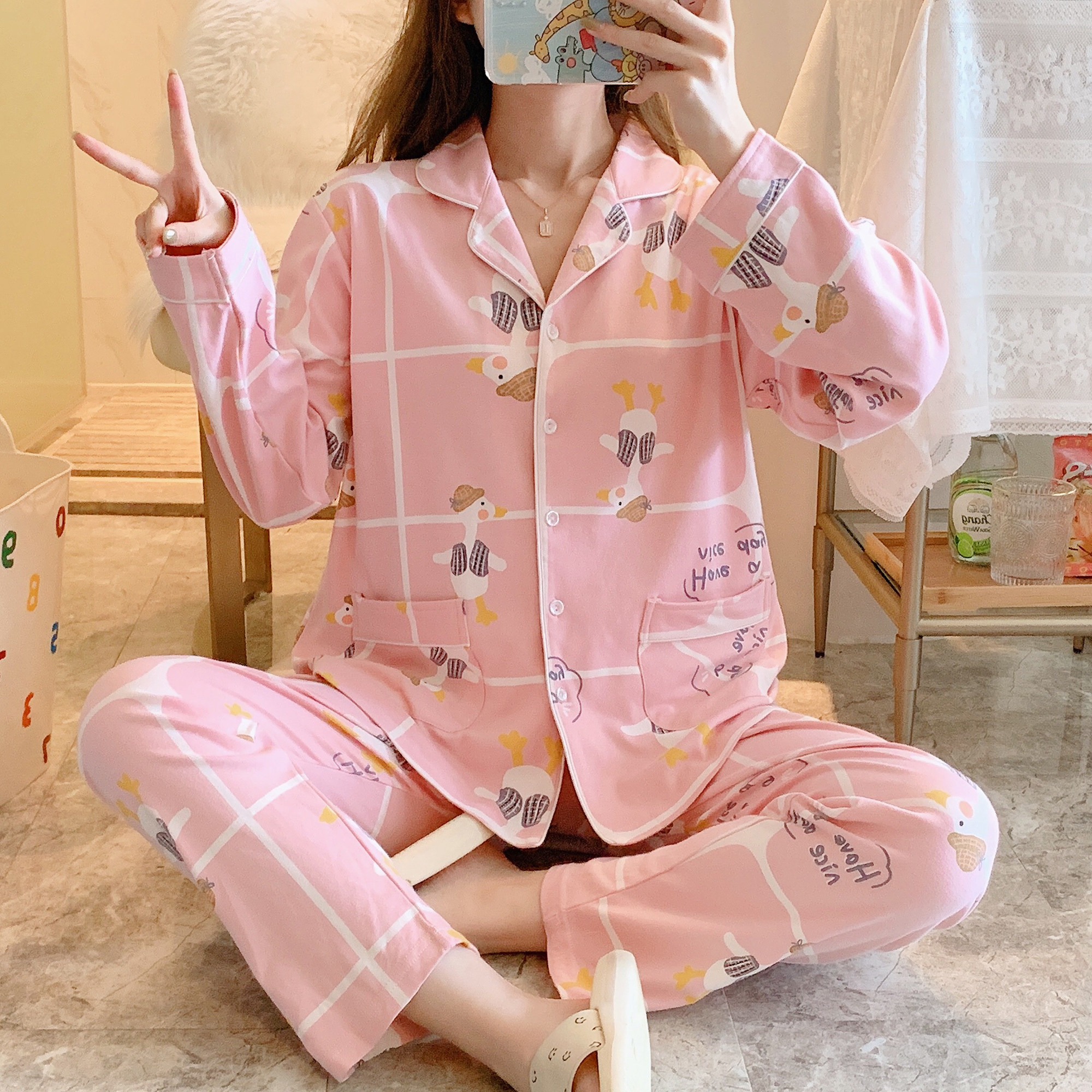Sleepwear Lady Spring Autumn Season Pure Cotton Long Sleeve Large Size Size Home Clothing Full Cotton 2021 New Suit Cardiovert Autumn Winter