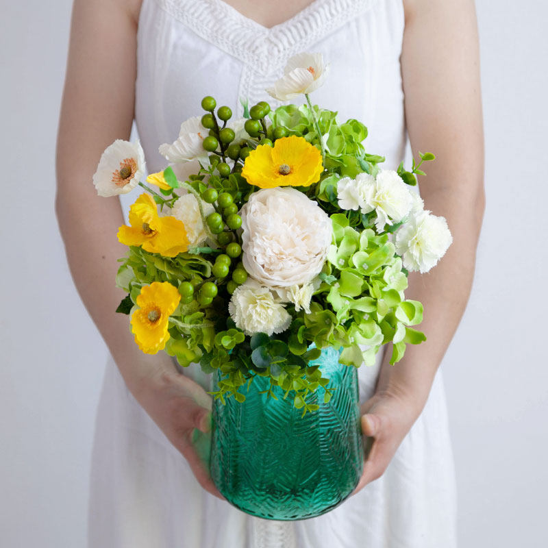 Simulation flower fake flower silk flower hydrangea flower art large relief glass transparent vase set home sample room decoration