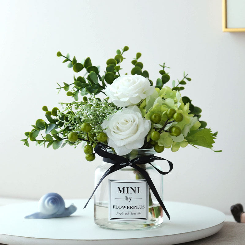 ins simulation high-grade flocking cloth rose transparent vase Nordic small fresh forest fake silk floral dining table living room