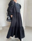 Retro pleated bubble long-sleeved round neck loose large swing slim dress early spring Korean ins casual dress