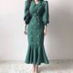 Korean chic French suit collar chic pearl buckle tie waist puff sleeve bag hip fishtail dress female