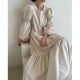 Retro pleated bubble long-sleeved round neck loose large swing slim dress early spring Korean ins casual dress