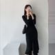 韩国chic法式优雅气质抽皱开叉鱼尾小性感修身显瘦连衣裙包臀长裙