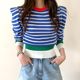 Korean chic age-reducing all-match round neck pullover with contrasting color stripes looks thin and high waist short puff sleeve knitted sweater for women