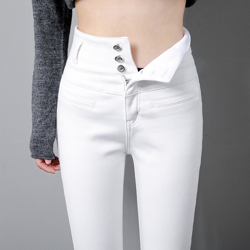 White High-Waisted Thin Thickened Jeans for Women, 2026 Autumn New Style, Slimming, Stretchy, Warm, Skinny Pants for Outerwear