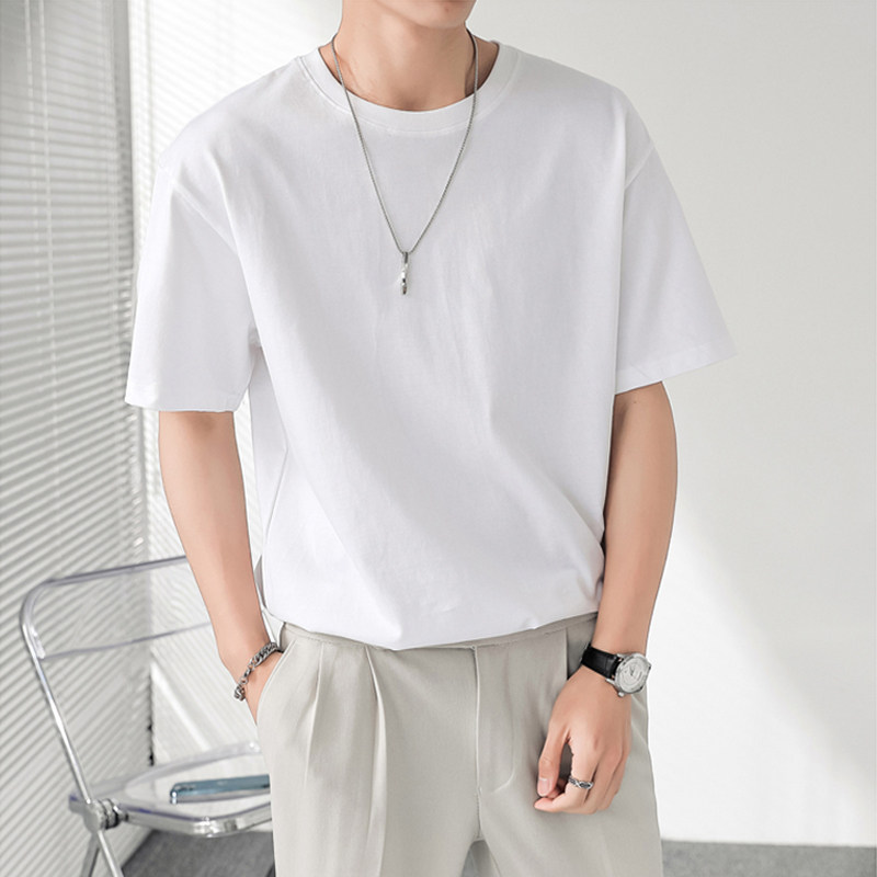 Summer short sleeves T-shirt Men's Chains Tide Cards Round Collar Loose Shoulders Pure Color Casual 100 lap lightly cooked wind minimalist jersey