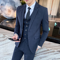 Casual West Suit Mens Fall New Korean Version Mens Business Positive Dress Striped Suit Men Suit Wedding three sets of damp