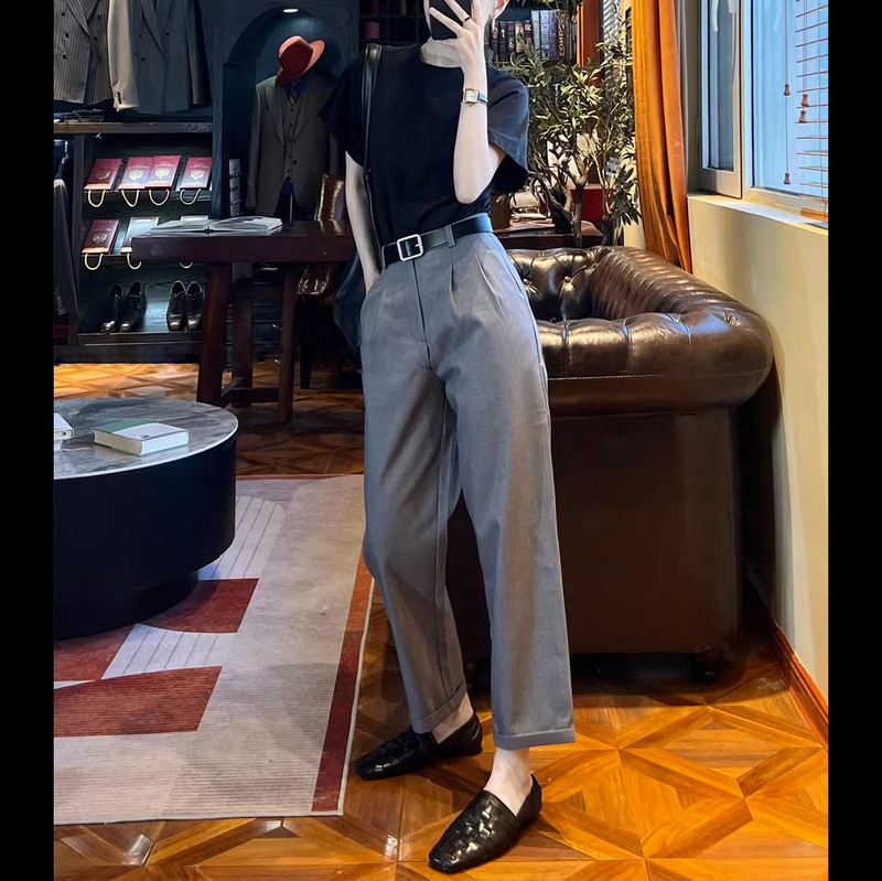 【With Belt】High-End Korean Style, Elegant and Professional Gray Cropped Pants, Slim-Fit Straight-Leg Suit Pants for Women, Summer 【With Belt】High-End Korean Style, Elegant and Professional Gray Cropped Pants, Slim-Fit Straight-Leg Suit Pants for Women, Summer
