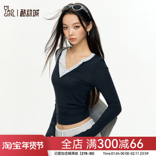 Mitaogirl秋冬假两件V领长袖瑜伽服女弹力修身健身服针织运动上衣