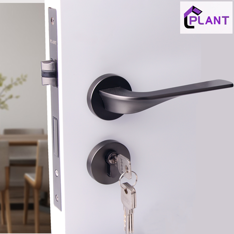 Plant bedroom indoor Nordic silent door lock modern minimalist solid wood door lock black American indoor door lock