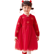Balabala Childrens Clothing Girls Dress Childrens Skirt Knitted Mesh 2024 New Princess Dress New Years Red Trend