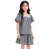 Balabala Childrens Clothing Girls Suit 2024 New Summer Clothing Big Children Two-piece Set French Elegant Plaid Puff Sleeves