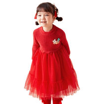 Balabala Childrens Clothing Girls Dress 2024 New Childrens Skirt Year of the Dragon Mesh Princess Dress Exquisite Red Trend