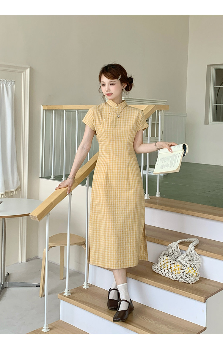 Little Chicken Button Yellow Plaid Cotton Linen Blend, Cotton Mandarin Collar Fitted Waist Girlish Qipao, Everyday New Chinese Republic of China Style Dress Eden Original Modernized Qipao | Qipao