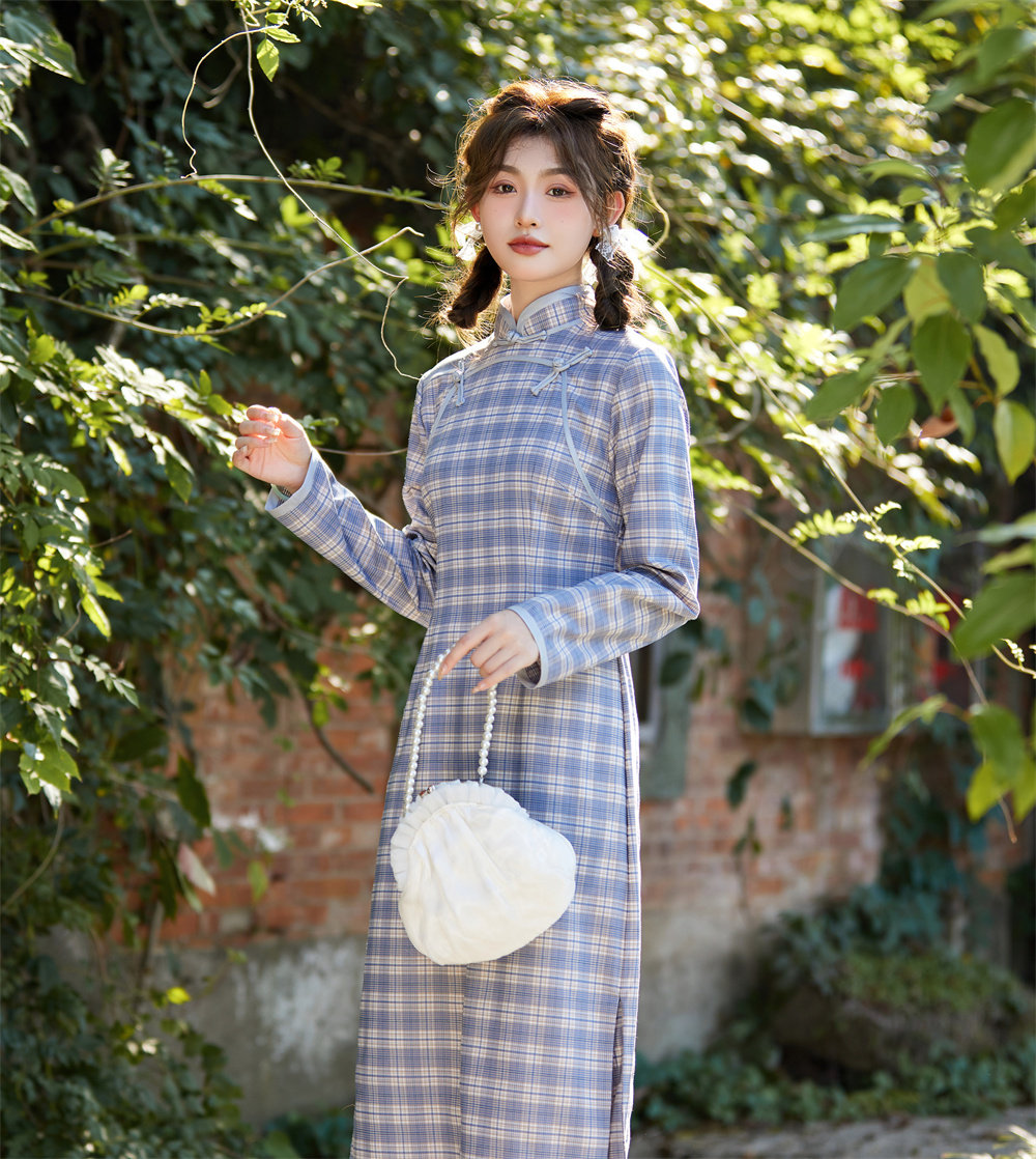 【即日発送】vintage キルティングチャイナワンピース ブルーチェックチャイナ風ワンピース / Oshicoco紹介商品 / 推し活