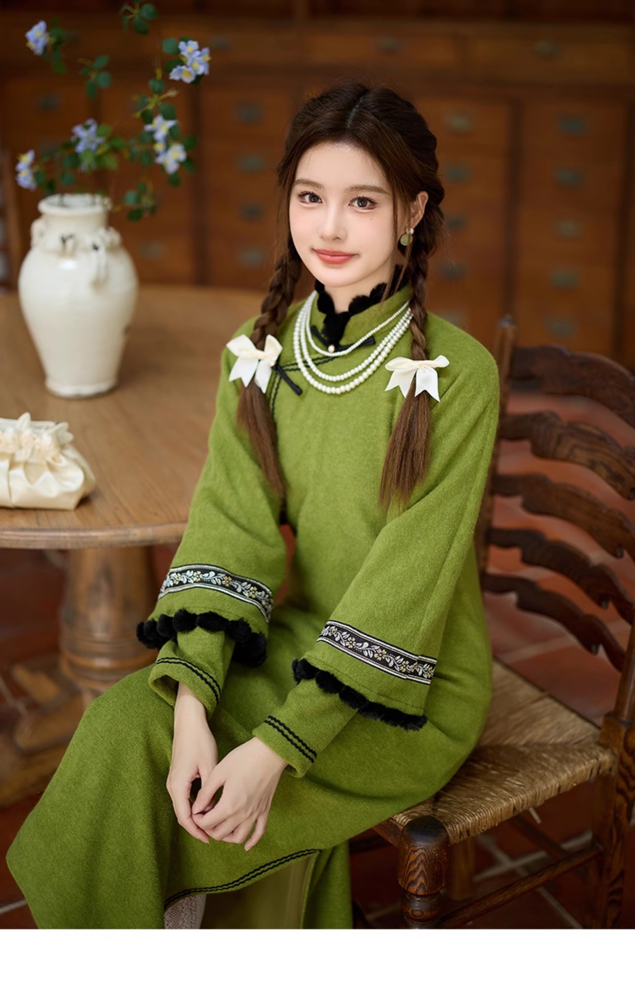 秋香グリーン 秋冬 ドロップショルダー七分袖チャイナドレス 新中国風