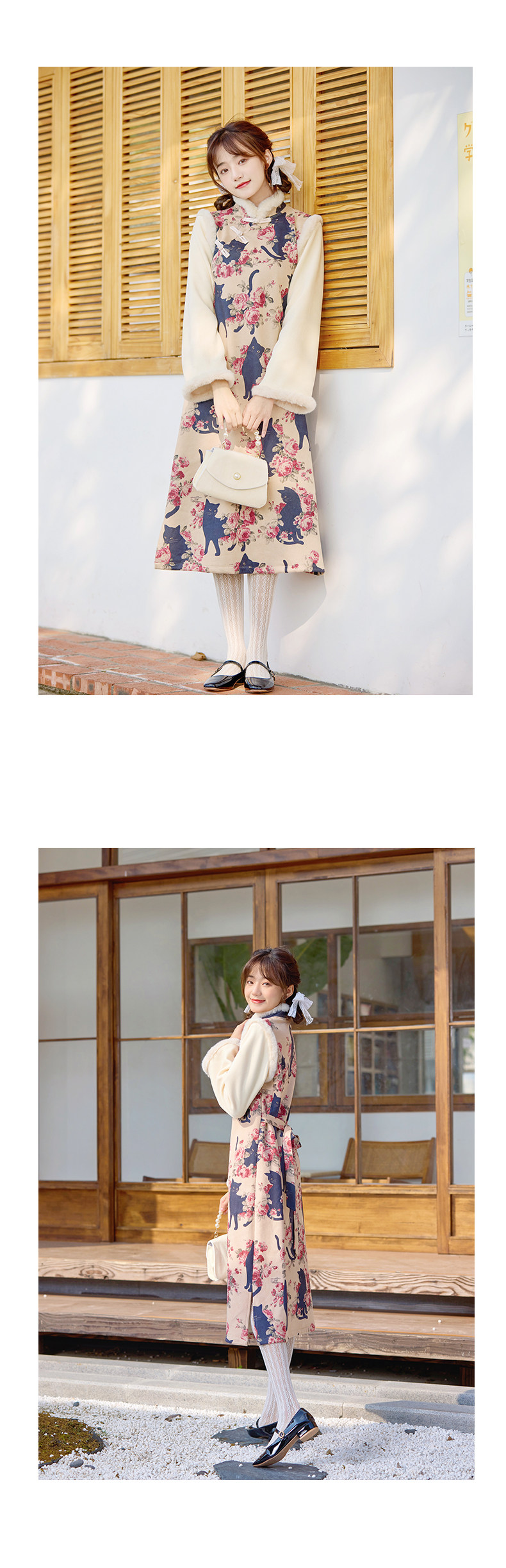 handmade::黒猫×薔薇花柄ワンピース：北欧英国ハンドメイドコットン