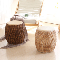 Straw low stool creative round stool handmade straw sofa coffee table stool home living room solid wood small bench