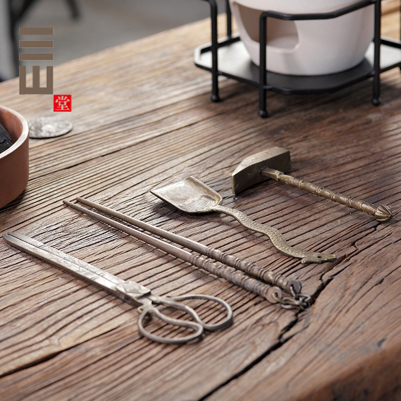 Handmade Copper Chopsticks Old Bronze Ware Incense Duct Clip Charcoal Spade Carbon Ash Copper Shovel Copper fire tongs bronze hammer Charcoal Stove Tea Stove Ancient Play
