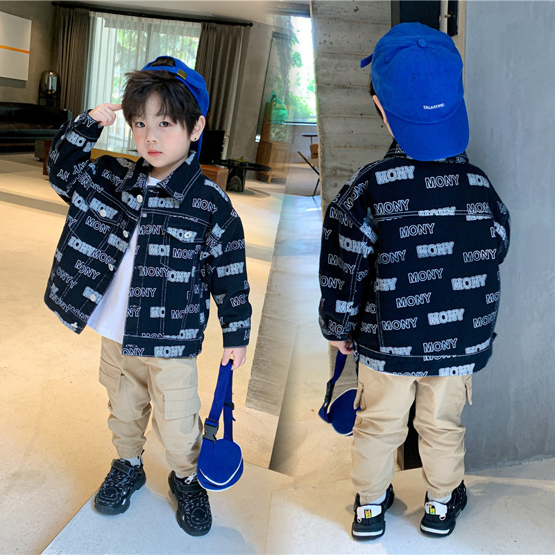 Boys denim spring and autumn jacket 2021 new handsome middle and large children's letters foreign school jacket jacket Korean version of the spring tide