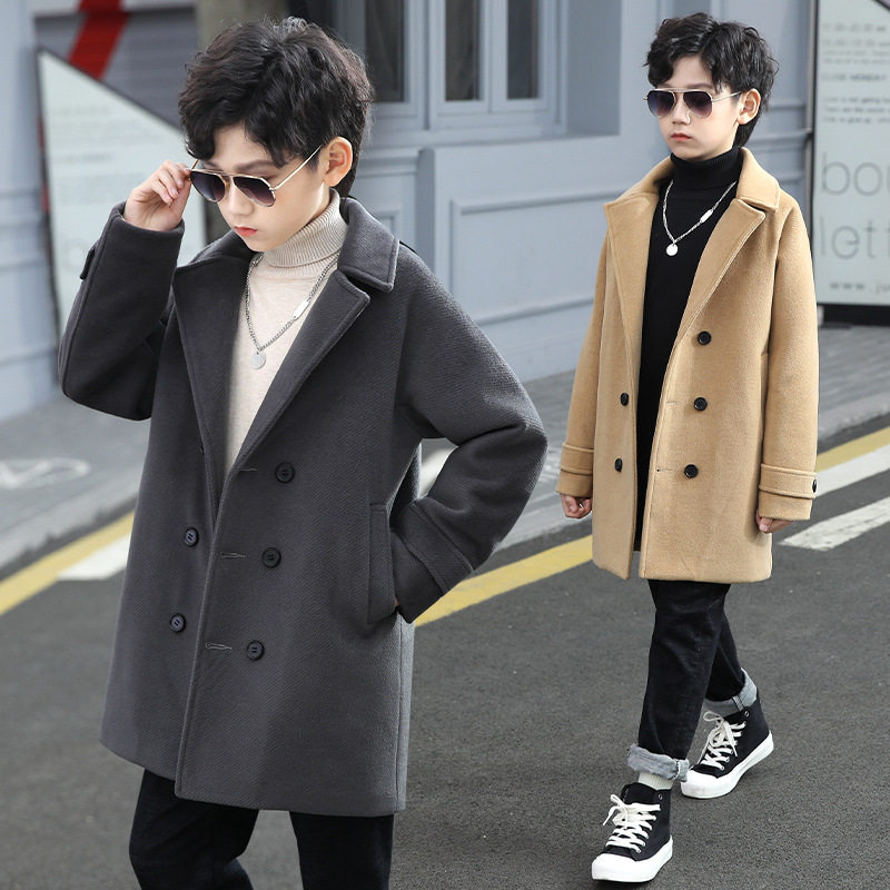 Big boy woolen coat Western style coat 2022 new big boy suit collar thickened winter wear mid-length children's clothing