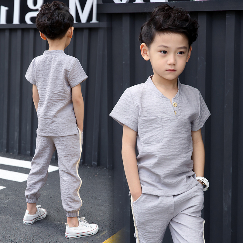 Boy suit 2022 new spring summer clothes Korean version fashion CUHK boy short sleeve cotton hemp children 7-10 years old two sets