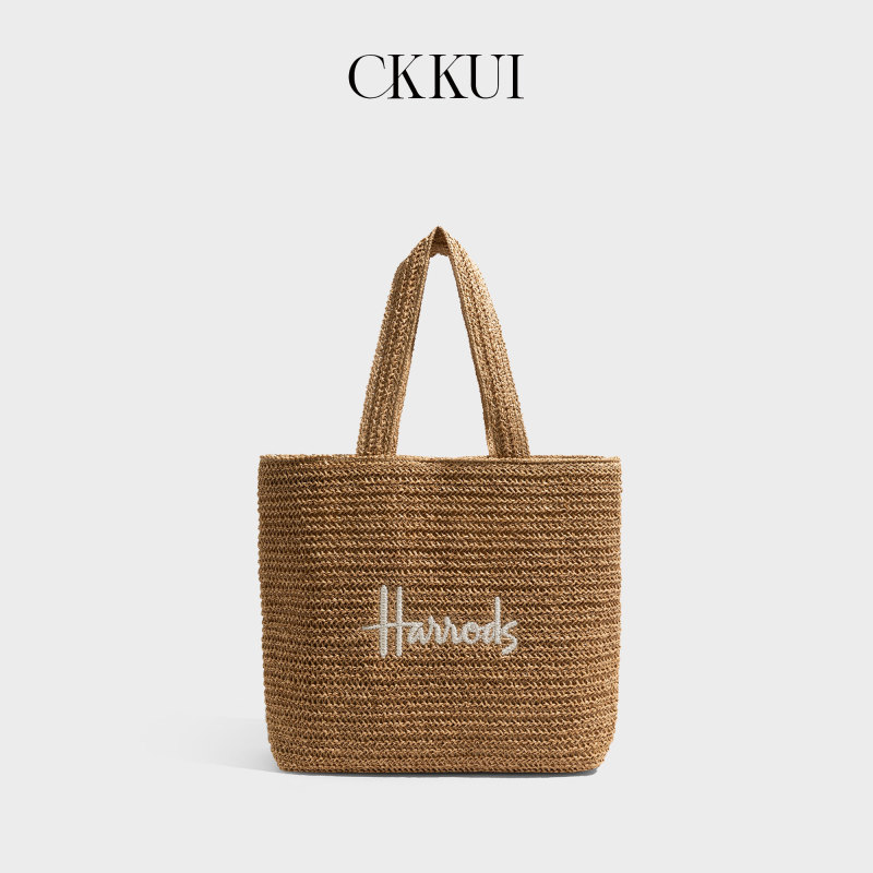 Ckkui European and American Heavy-Duty Letter Embroidery Bag 2026 Summer Raffia Woven Handbag Casual Shoulder Bag