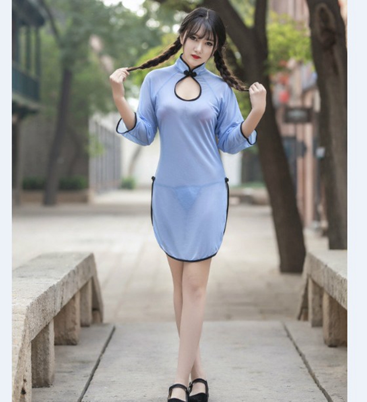 Sexy sườn xám bí mật của cô trong suốt phối cảnh váy ngủ nữ đồng quê gió cổ điển đồng phục hộp đêm vợ váy ngắn bên rò rỉ đầm nữ